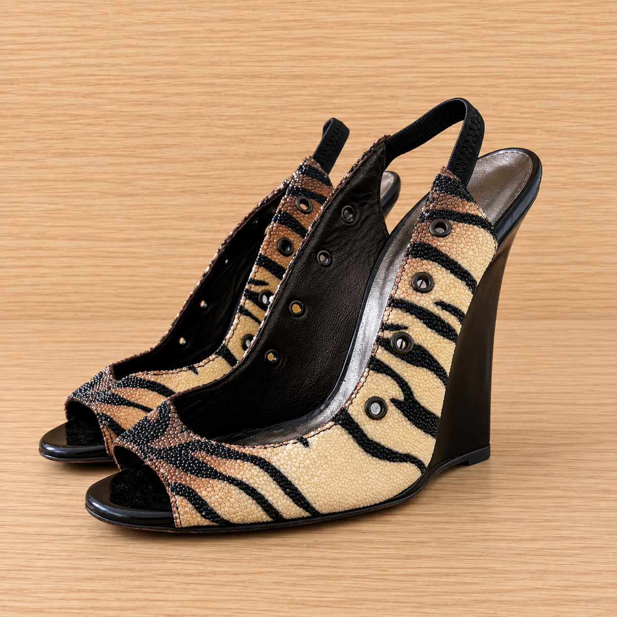 1990s Manolo Blahnik "Mania" Tiger-Print Stingray Wedge Heels