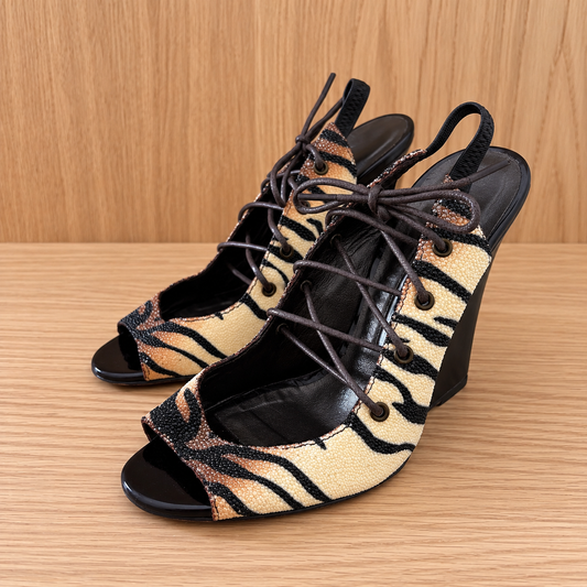 1990s Manolo Blahnik "Mania" Tiger-Print Stingray Wedge Heels